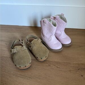 Toddler girls bundle: pink leather cowboy boots and Zara suede clogs, size 5